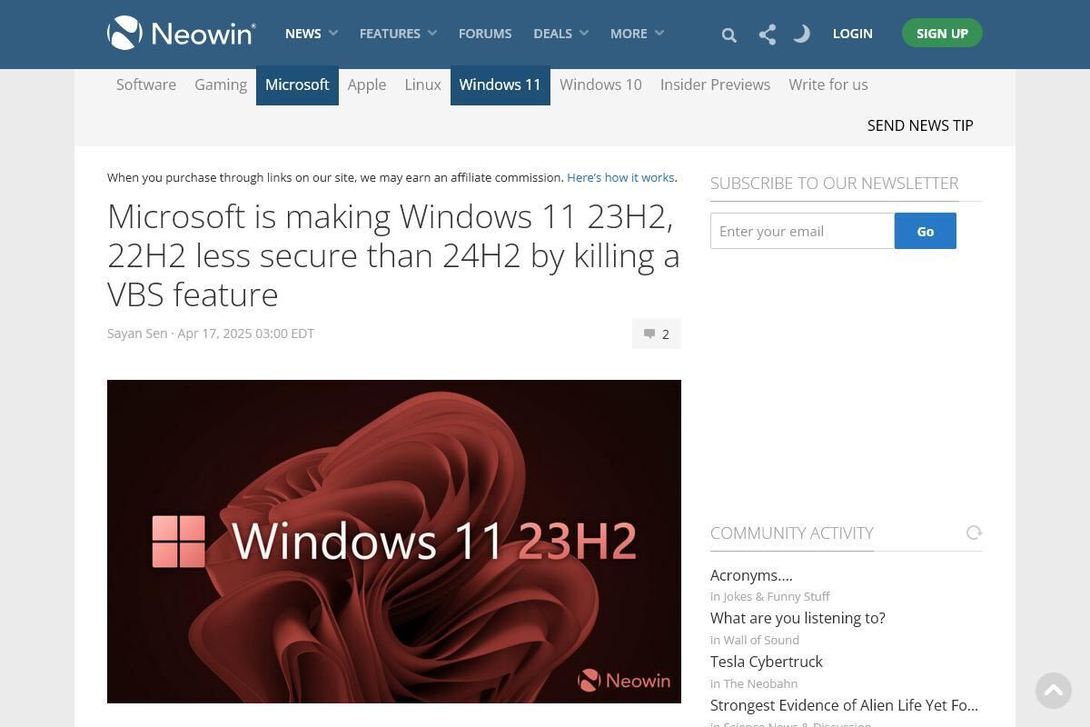 Microsoft is making Windows 11 23H2、22H2 less secure than 24H2 by killing a VBS feature - Neowin