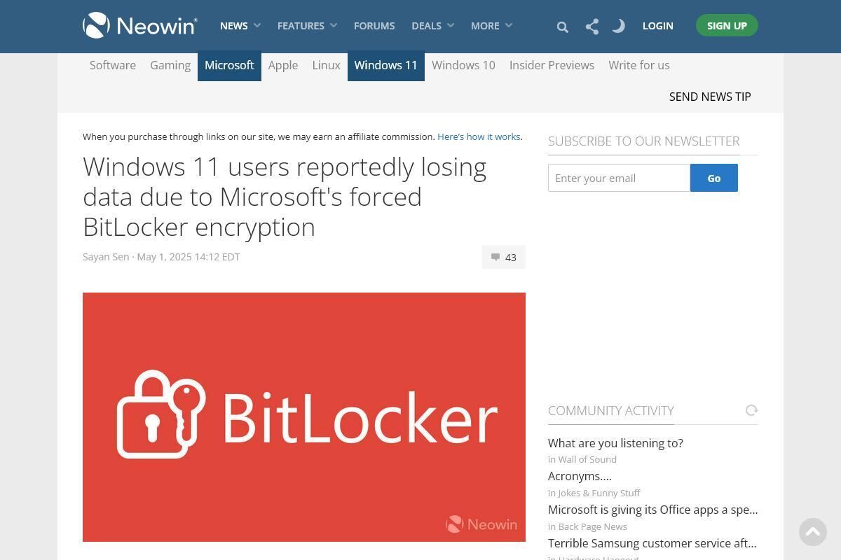Windows 11 users reportedly losing data due to Microsoft's forced BitLocker encryption - Neowin